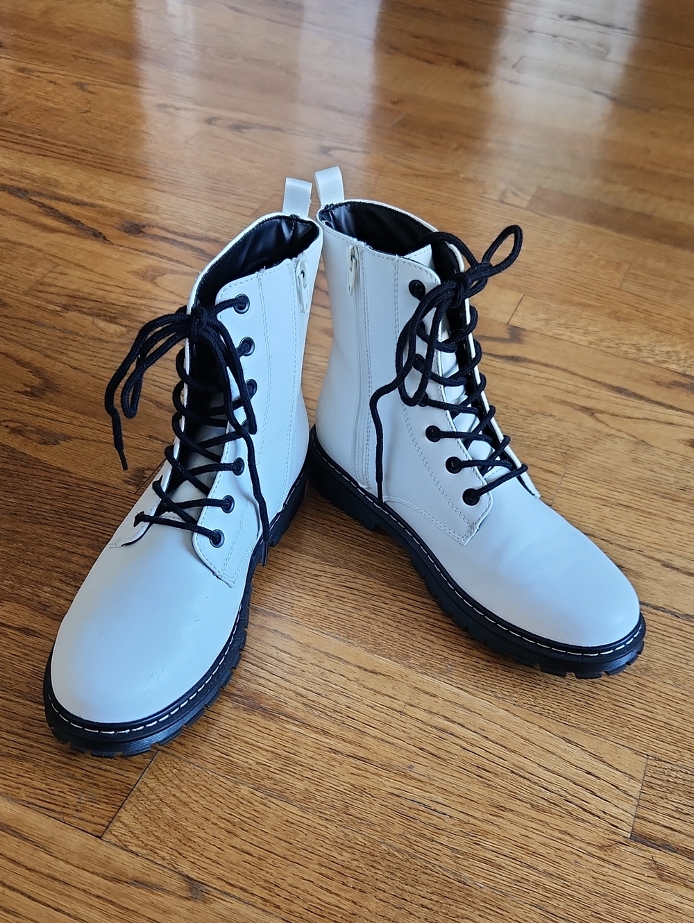 Women's White Combat Boots with Black Laces - Moto-Inspired Ankle Boots